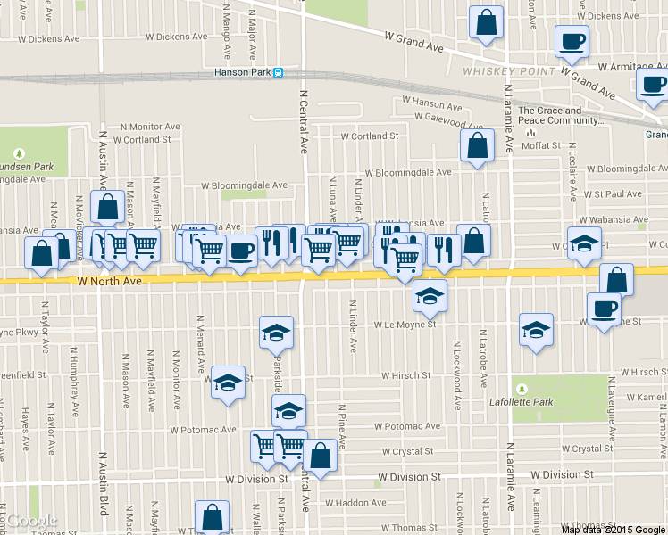 map of restaurants, bars, coffee shops, grocery stores, and more near in Chicago