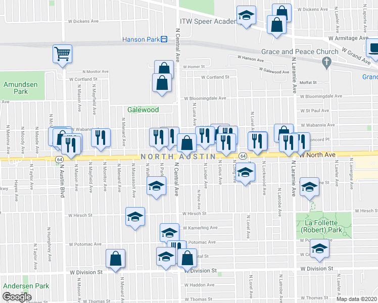 map of restaurants, bars, coffee shops, grocery stores, and more near in Chicago