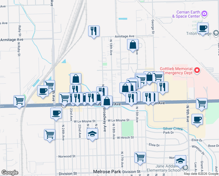 map of restaurants, bars, coffee shops, grocery stores, and more near 1942 North 18th Avenue in Melrose Park