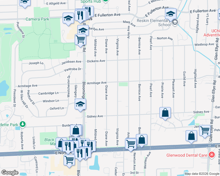 map of restaurants, bars, coffee shops, grocery stores, and more near 2N361 Diane Avenue in Glen Ellyn