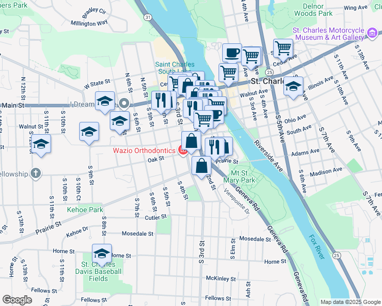 map of restaurants, bars, coffee shops, grocery stores, and more near 318 South 3rd Street in St. Charles