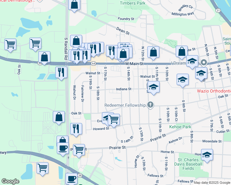 map of restaurants, bars, coffee shops, grocery stores, and more near 1603 Indiana Street in St. Charles