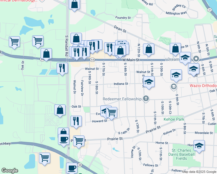 map of restaurants, bars, coffee shops, grocery stores, and more near 1603 Indiana Street in St. Charles