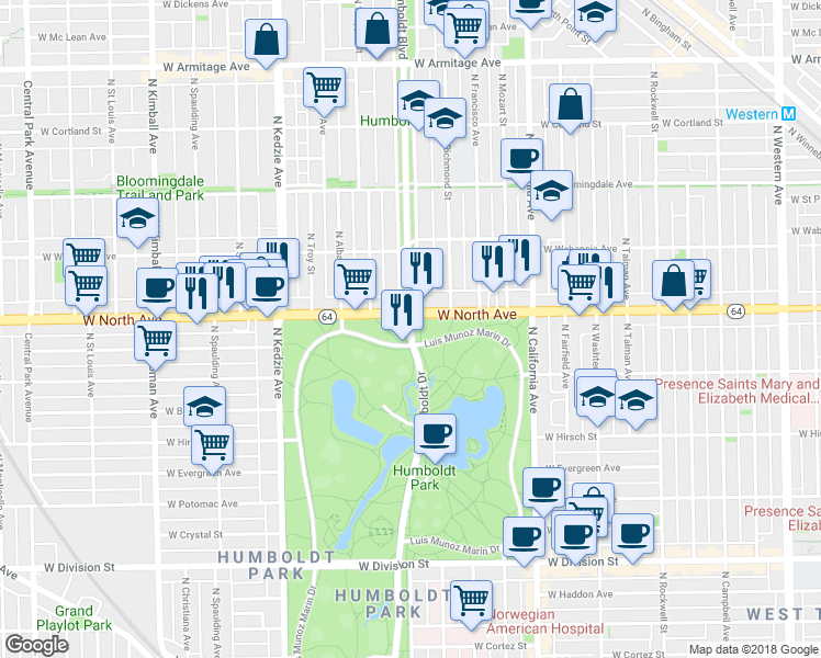 map of restaurants, bars, coffee shops, grocery stores, and more near North Hoyne Avenue Drive in Chicago