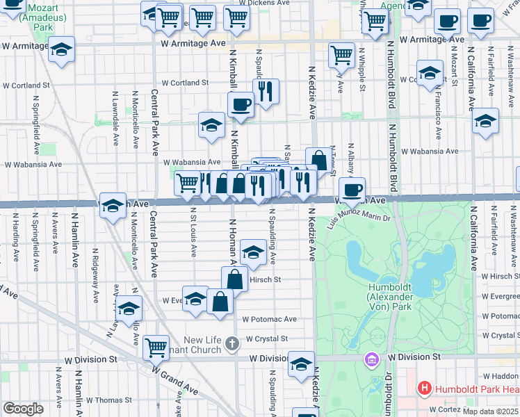 map of restaurants, bars, coffee shops, grocery stores, and more near 3319 West North Avenue in Chicago