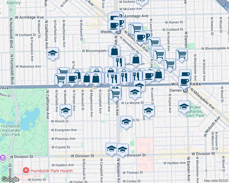 map of restaurants, bars, coffee shops, grocery stores, and more near 1547 North Western Avenue in Chicago