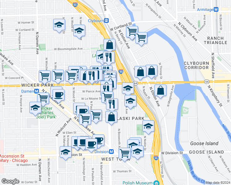 map of restaurants, bars, coffee shops, grocery stores, and more near 1528 North Bosworth Avenue in Chicago