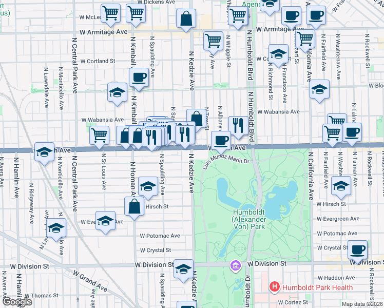 map of restaurants, bars, coffee shops, grocery stores, and more near  in Chicago