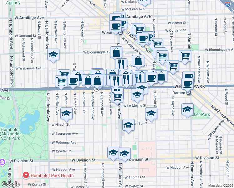 map of restaurants, bars, coffee shops, grocery stores, and more near 1549 North Western Avenue in Chicago