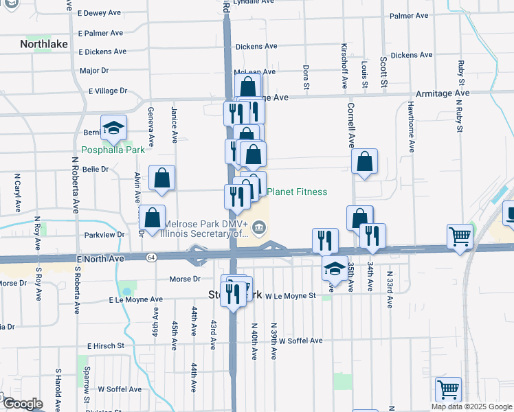 map of restaurants, bars, coffee shops, grocery stores, and more near 1961 Mannheim Road in Melrose Park