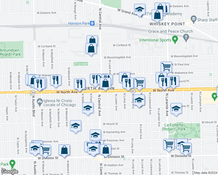 map of restaurants, bars, coffee shops, grocery stores, and more near 1608 North Luna Avenue in Chicago