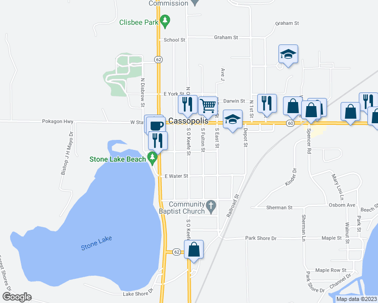 map of restaurants, bars, coffee shops, grocery stores, and more near 301 Jefferson Street in Cassopolis