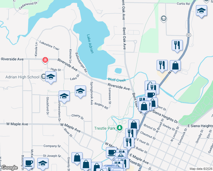 map of restaurants, bars, coffee shops, grocery stores, and more near 317 Riverside Avenue in Adrian