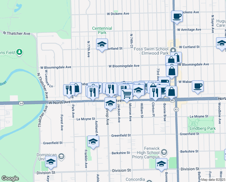 map of restaurants, bars, coffee shops, grocery stores, and more near 1630 North 75th Court in Elmwood Park