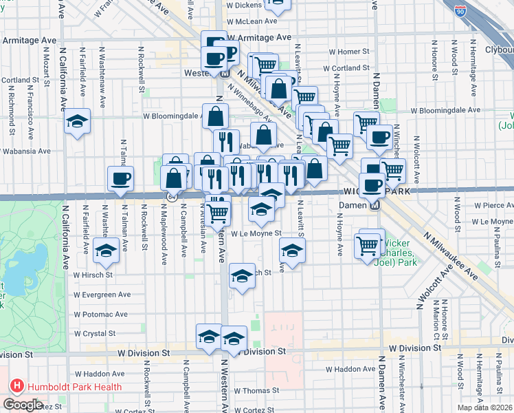 map of restaurants, bars, coffee shops, grocery stores, and more near 1542 North Oakley Boulevard in Chicago