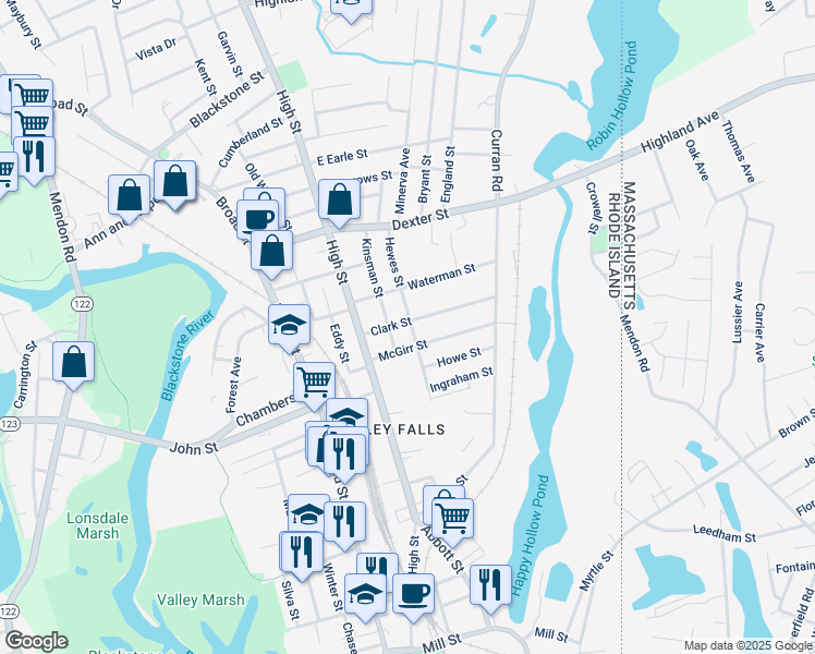 map of restaurants, bars, coffee shops, grocery stores, and more near 71 Hewes Street in Cumberland