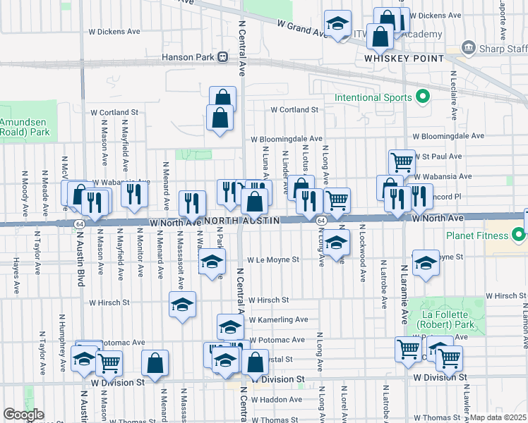 map of restaurants, bars, coffee shops, grocery stores, and more near 1610 North Luna Avenue in Chicago