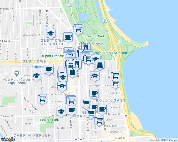 map of restaurants, bars, coffee shops, grocery stores, and more near 2 North Clark Street in Chicago