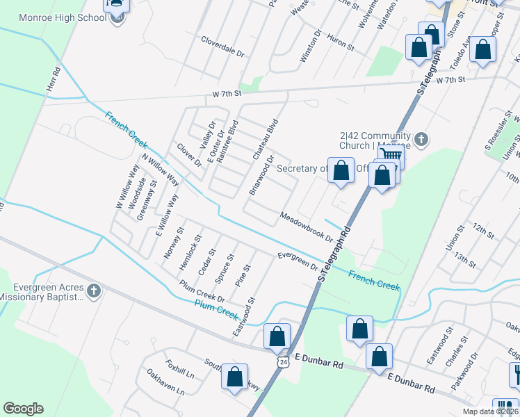 map of restaurants, bars, coffee shops, grocery stores, and more near 1691 Meadowbrook Drive in Monroe