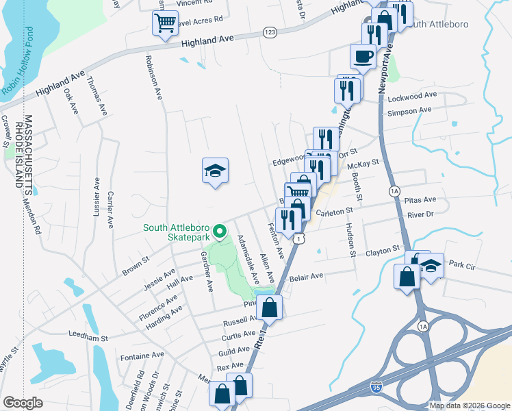 map of restaurants, bars, coffee shops, grocery stores, and more near 4 Tomlinson Road in Attleboro