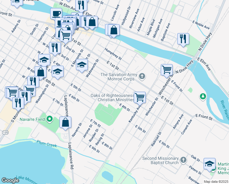 map of restaurants, bars, coffee shops, grocery stores, and more near 709 East 3rd Street in Monroe