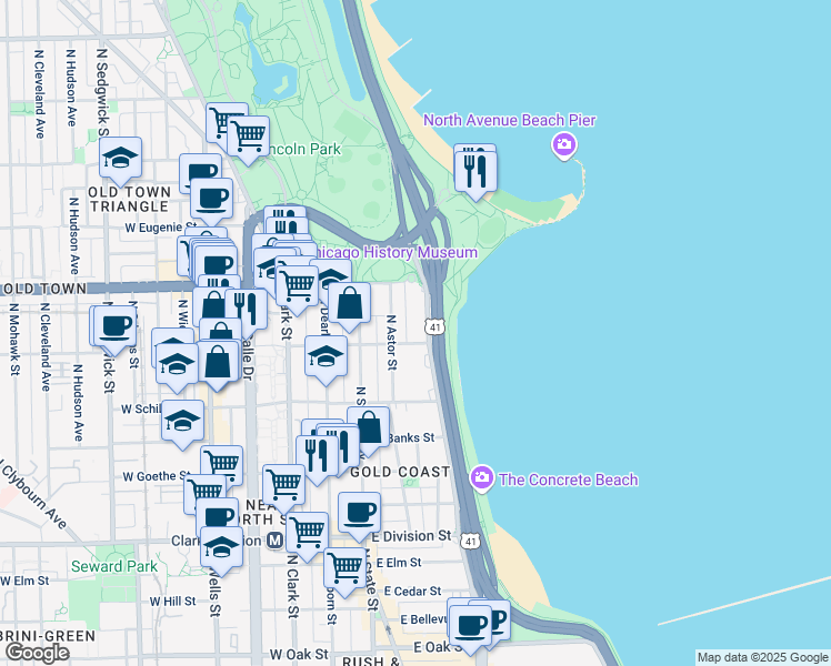 map of restaurants, bars, coffee shops, grocery stores, and more near 1500 North Lake Shore Drive in Chicago