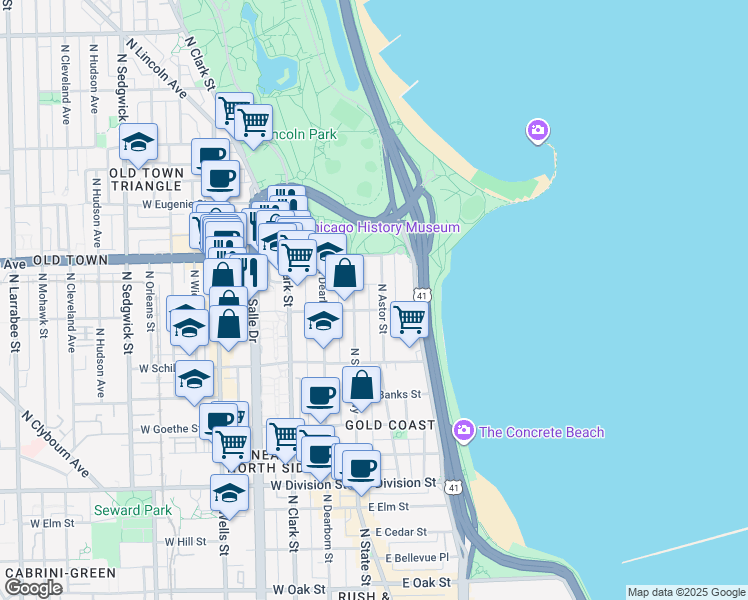 map of restaurants, bars, coffee shops, grocery stores, and more near 1515 North State Parkway in Chicago