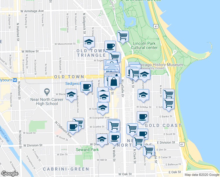 map of restaurants, bars, coffee shops, grocery stores, and more near 1529 North Wells Street in Chicago