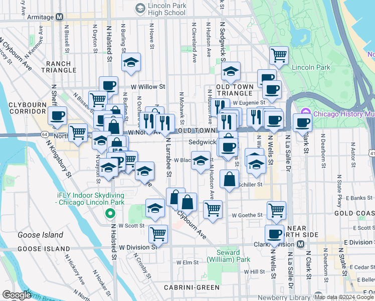 map of restaurants, bars, coffee shops, grocery stores, and more near 1527 North Mohawk Street in Chicago