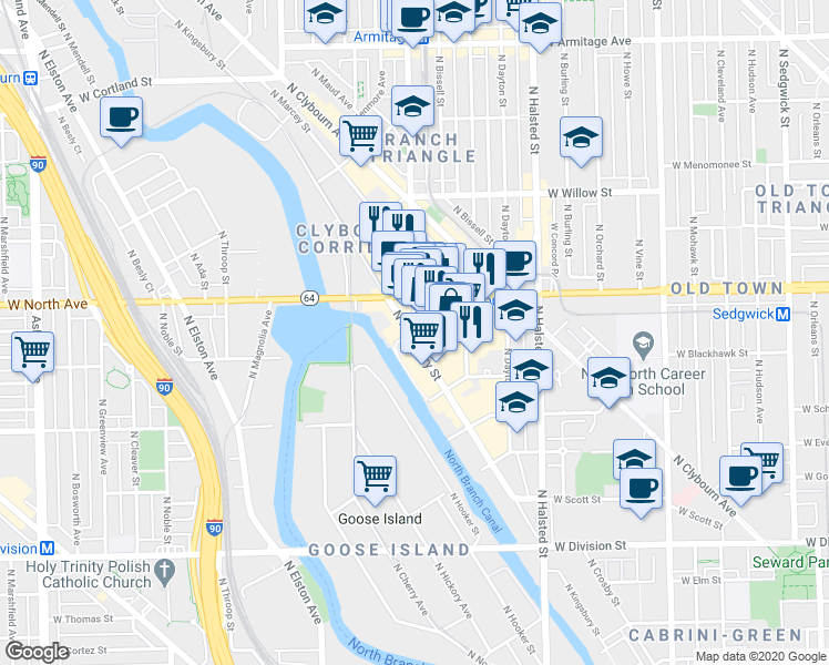 map of restaurants, bars, coffee shops, grocery stores, and more near 1551 North Sheffield Avenue in Chicago