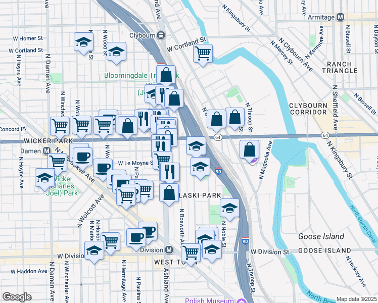 map of restaurants, bars, coffee shops, grocery stores, and more near 1541 North Bosworth Avenue in Chicago