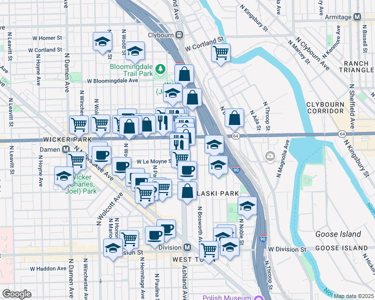 map of restaurants, bars, coffee shops, grocery stores, and more near 1515 North Ashland Avenue in Chicago