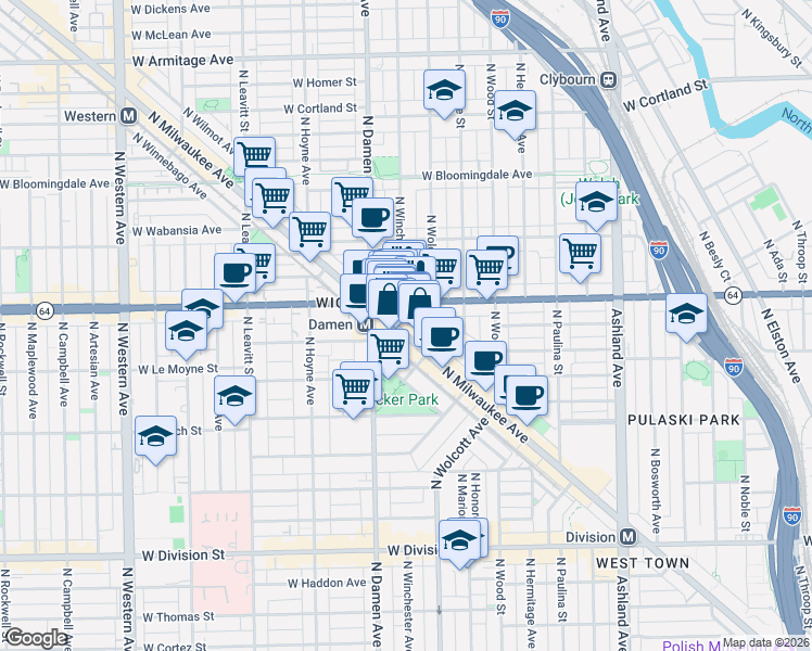 map of restaurants, bars, coffee shops, grocery stores, and more near 1563 North Milwaukee Avenue in Chicago