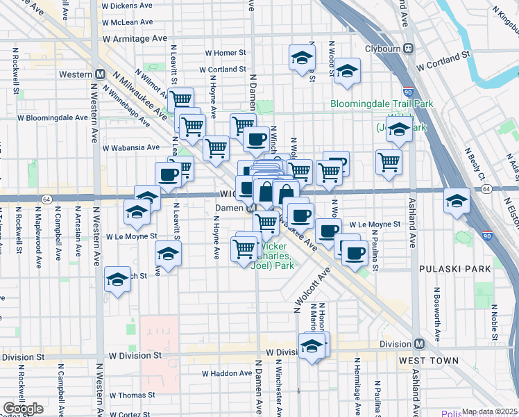 map of restaurants, bars, coffee shops, grocery stores, and more near 1563 North Milwaukee Avenue in Chicago