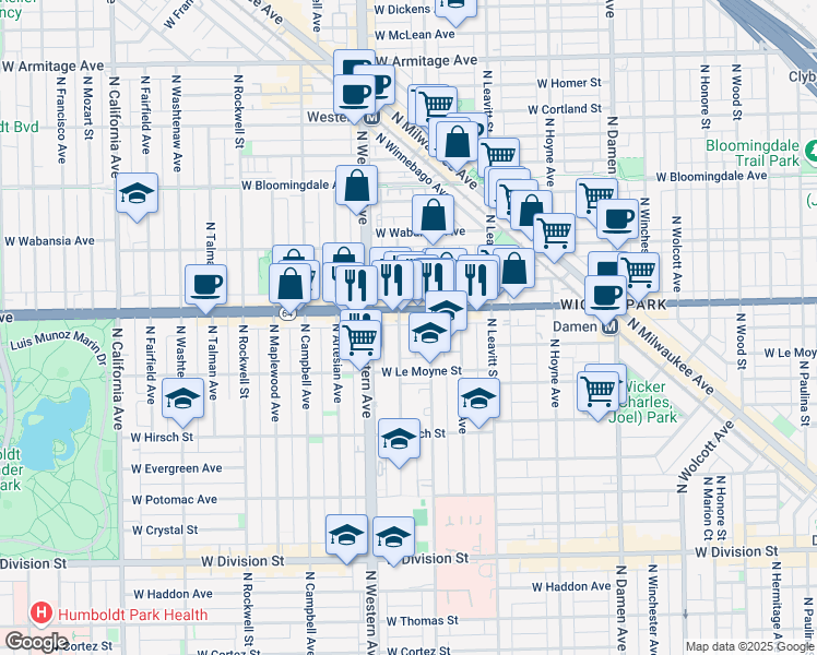map of restaurants, bars, coffee shops, grocery stores, and more near 2325 West North Avenue in Chicago