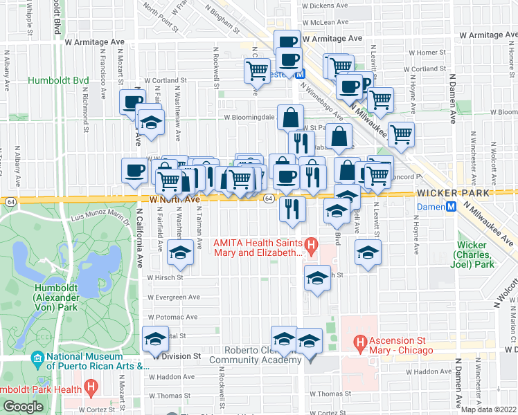 map of restaurants, bars, coffee shops, grocery stores, and more near 2503 West North Avenue in Chicago
