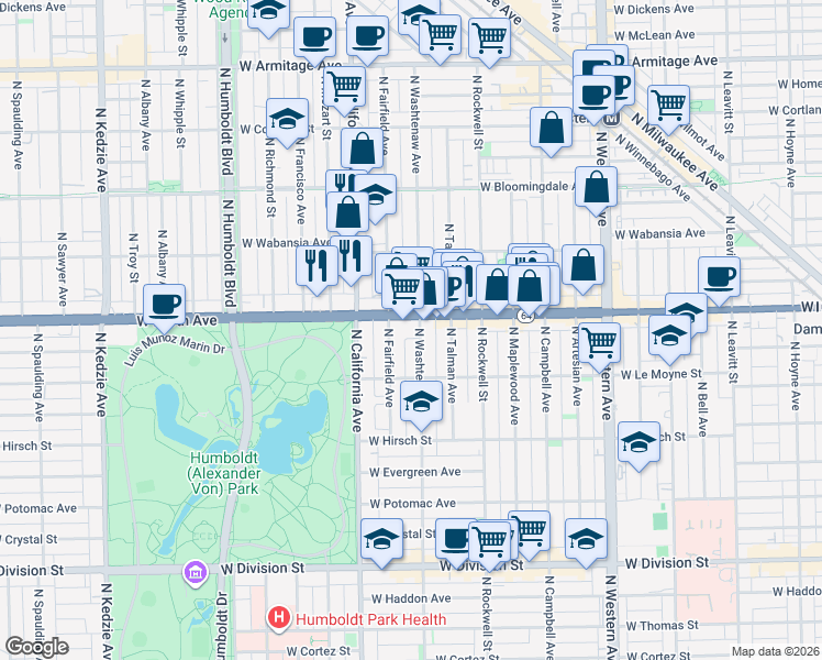 map of restaurants, bars, coffee shops, grocery stores, and more near 2641 West North Avenue in Chicago