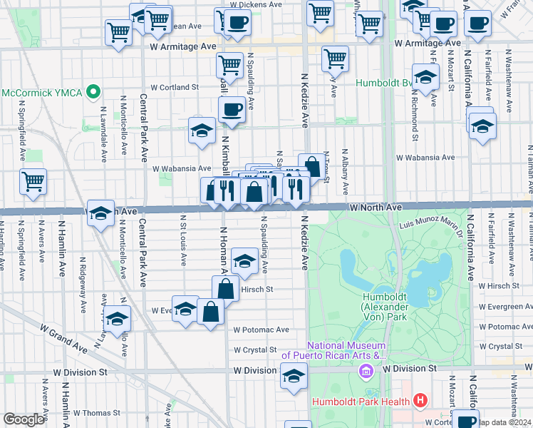 map of restaurants, bars, coffee shops, grocery stores, and more near in Chicago