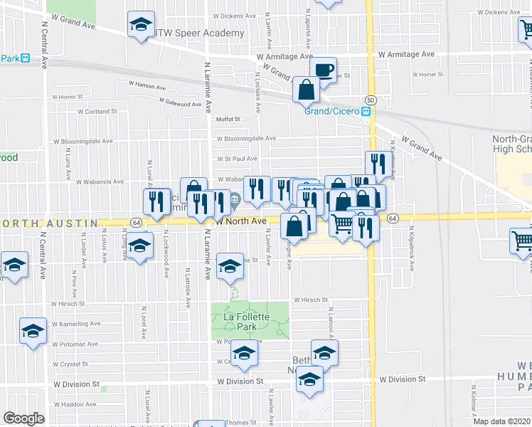 map of restaurants, bars, coffee shops, grocery stores, and more near 5104 West North Avenue in Chicago