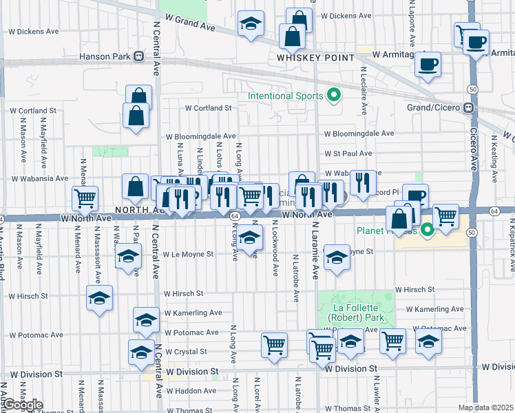 map of restaurants, bars, coffee shops, grocery stores, and more near 1615 North Lorel Avenue in Chicago