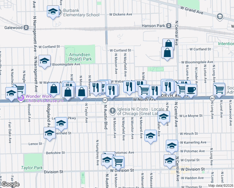 map of restaurants, bars, coffee shops, grocery stores, and more near 1623 North Mason Avenue in Chicago