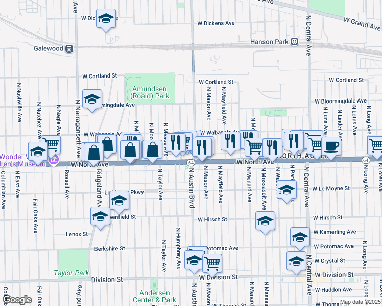 map of restaurants, bars, coffee shops, grocery stores, and more near 1622 North Austin Avenue in Chicago