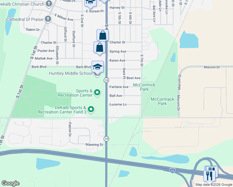 map of restaurants, bars, coffee shops, grocery stores, and more near 425 Ball Avenue in DeKalb