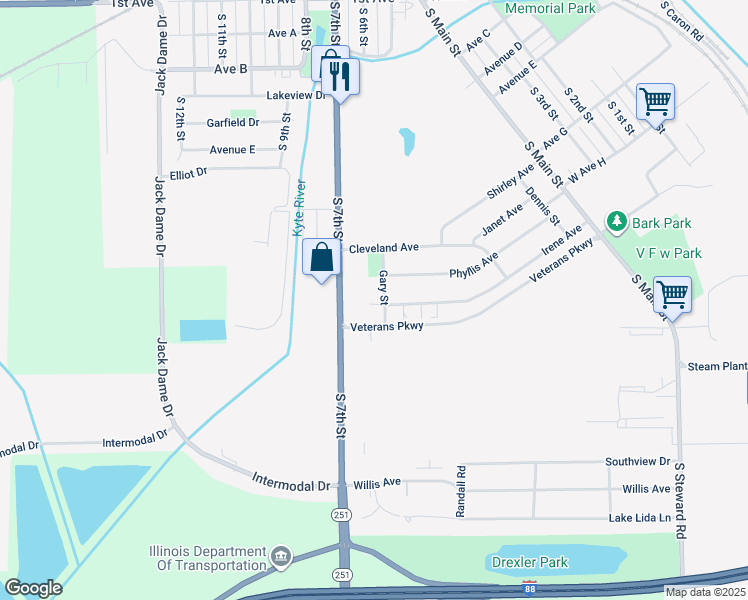 map of restaurants, bars, coffee shops, grocery stores, and more near 208 Gary Street in Rochelle