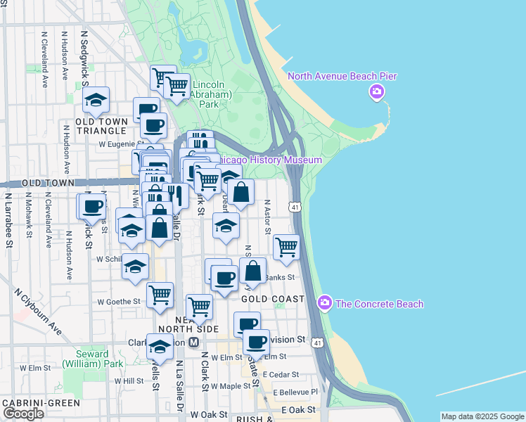 map of restaurants, bars, coffee shops, grocery stores, and more near 1500 North Astor Street in Chicago