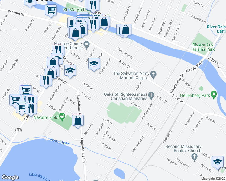 map of restaurants, bars, coffee shops, grocery stores, and more near 398 Navarre Street in Monroe