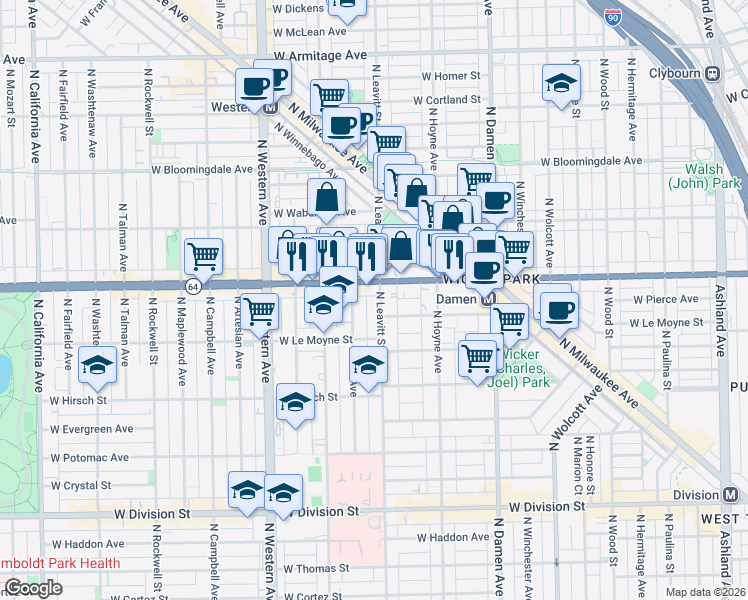 map of restaurants, bars, coffee shops, grocery stores, and more near 1540 North Leavitt Street in Chicago