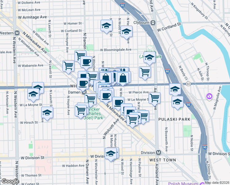 map of restaurants, bars, coffee shops, grocery stores, and more near 1559 North Honore Street in Chicago