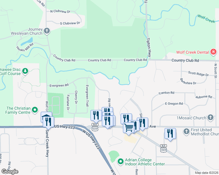 map of restaurants, bars, coffee shops, grocery stores, and more near 4254 Evergreen Road in Adrian