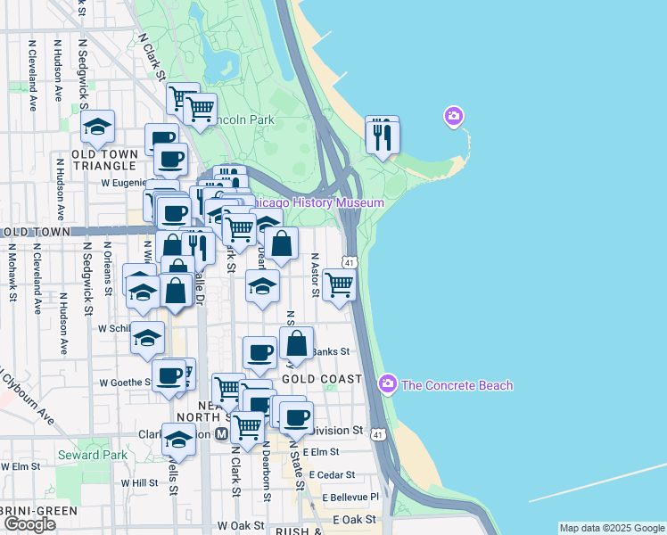 map of restaurants, bars, coffee shops, grocery stores, and more near 1500 North Lake Shore Drive in Chicago